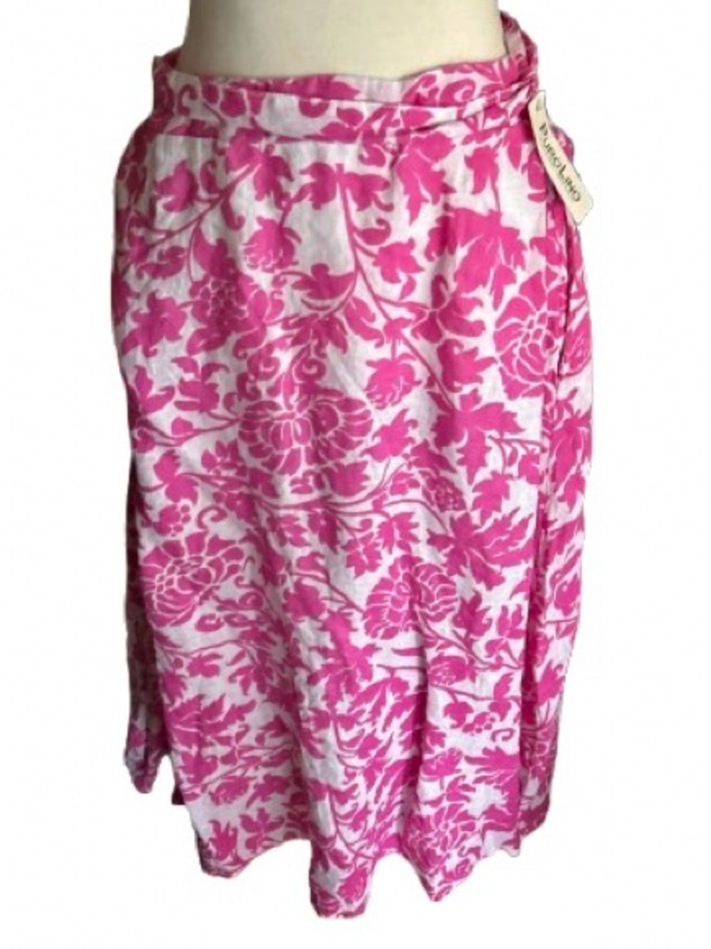 NWT Linen PURO LINEN Skirt Midi Floral Pink White Medium Large Boho Resort Surf